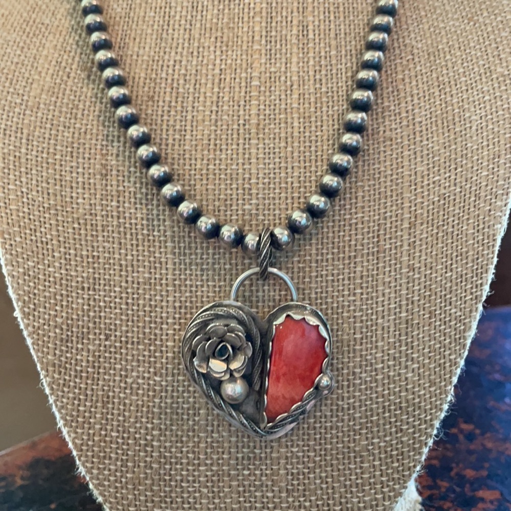 Spiny Oyster Sterling Silver Rose Heart Southwestern Pendant